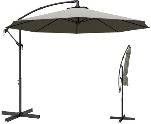 Outsunny 3 m Cantilever Parasol with Cross Base, Offset Outdoor Umbrella, Crank Handle, Hanging Sun Shade, Light Grey
