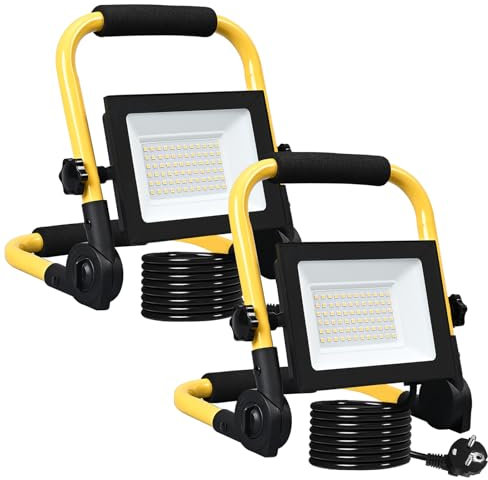 Meision LED Baustrahler 100W 8500LM Warmweiß, Superhell LED Arbeitsscheinwerfer 3000K mit Stecker + 3 Meters Stromkabel, IP66 Tragbar Flutlicht, Baustellenlampe für Baustelle, 2 Stück