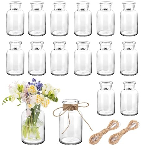 Kleina vaser, 16 st, 10 cm höga, 125 ml, miniglasvaser, set blomvaser med 20 m juteband för bröllop, kök, matsal, vardagsrum, badrum, födelsedag, fest, bordsdekoration