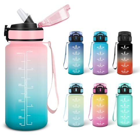 Motswedi Gourde, 0.5L Sans BPA, Gourde Avec Paille Adulte, Convient Aux Boissons Gazeuses, Bouteille Motivation Étanche, Bouteille d'eau pour École, Salle de Sport, Camping - Rose&cyan