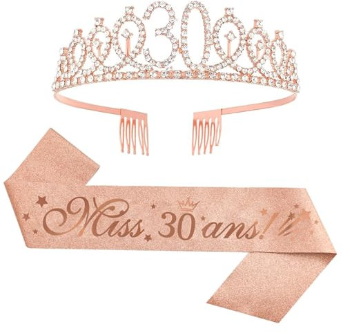 (2 pièces) Couronne Anniversaire 30 ans Echarpe Tiare Or rose Écharpe Happy 30e anniversaire Décoration ensemble