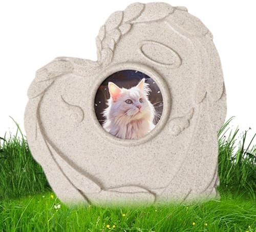 Piedra conmemorativa para perros fallecidos | Piedra decorativa de jardín con forma de corazón, piedra de cementerio en forma de corazón con marco de fotos y conmemorativo para decoración funeraria
