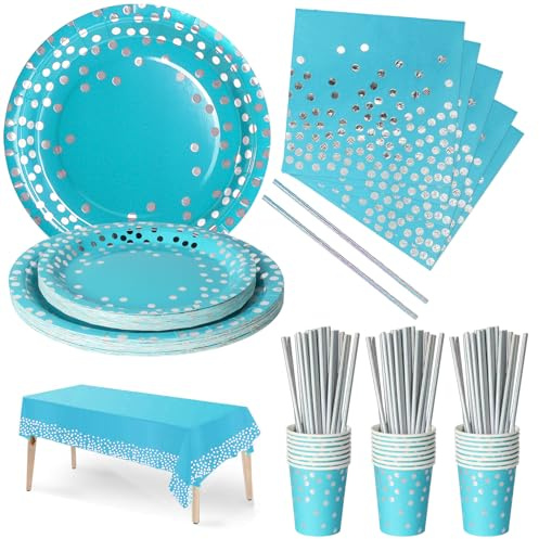 Nkaiso 126pcs Bleuclair et argent Party Vaisselle, Decoration fête Anniversaire Kit,Papier Assiette Papier Tasse Serviette Pailles Nappe,en Mariages Baby Shower Noël- 25 invités