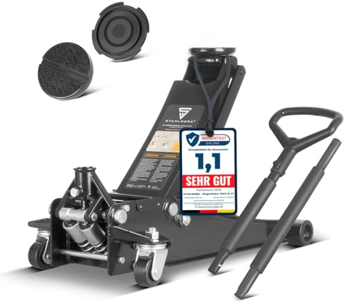 STAHLWERK Hydraulischer Wagenheber mit 3 t Tragkraft – extra flach, 73-500 mm Hubbereich, gummierte Rollen, Doppelhubkolben, Rangierwagenheber, Hydraulik-Wagenheber, schwarzer Autoheber (WHB-73 ST)