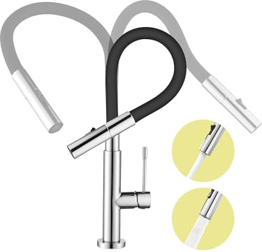 Robinet de cuisine à 2 types de jet, robinetterie de cuisine avec bec flexible à 2 types de jet, mitigeur de cuisine noir, robinetterie de cuisine haute pression pivotante à 360°