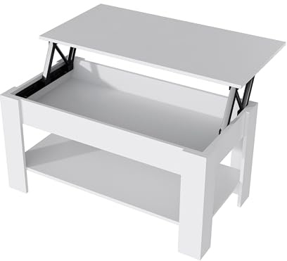 Garvishk Garvis Couchtisch mit Lift-Top – Weiß Matt, Höhenverstellbarer Wohnzimmertisch mit Stauraum & Ablage, MDF Kaffeetisch Modern, Aufklappbarer Tisch für Wohnzimmer & Büro (Weiß)