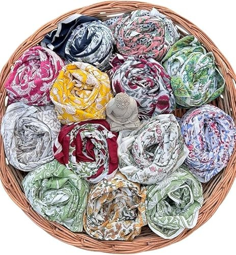 FABRICRAFT INDIA Hand Block Printed Soft 100% Cotton Fashion Neck Scarf For Women Lightweight Scarves Floral Wrap, Summer Travel & Daily Wear, Hair, Patterned, Boho, Gift