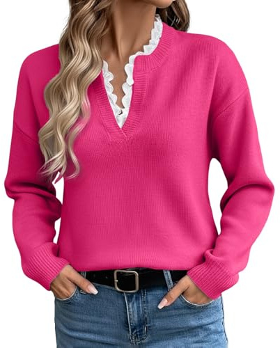 Generisch Maglione da donna a maglia grossa, oversize, con inserti in pizzo e scollo a V, casual, per autunno e inverno, O Rosa Caldo, L
