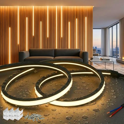 SUCIKORIO 10m Silikon-Neon-LED-list 220V Utan Kontakt för Akustikpaneler, IP65 Vattentät, Svart, Varmvit 3000K, 10x10mm, Kapbar för Sovrum, Mediavägg
