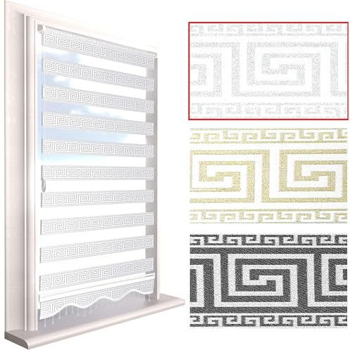 Brillant® Doppelrollo Klemmfix ohne Bohren – Medusa Barock Muster mit Glitzer, Duo-Rollo Blickdicht & transparent, mit Perlenzug, Fensterrollo für Fenster & Türen Weiß Silber 70 x 200 cm (B x L)