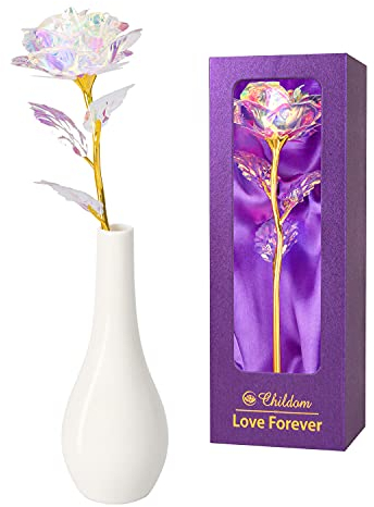 Childom Birthday Gifts for Women,Christmas Rose Gifts For Women Her Mum,Rainbow Rose Flower With Vase,Valentines Present,Purple Flowers for Grandma Wife Girl Anniversary Christmas Wedding Engagement