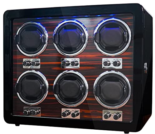 Oryx 6 Watch Winders for Automatic Watches Wooden Rotating Watch Box 15 Rotation Modes Setting Display Case with LED Light, AC or USB Powered Super Quiet Mabuchi Motor