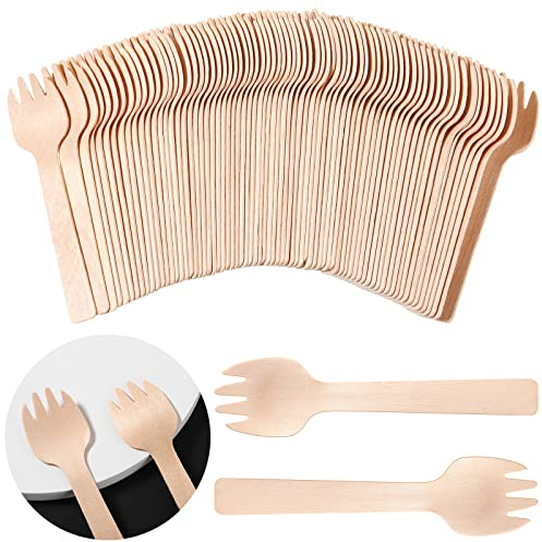 200 Piezas Tenedores de Madera Mini Tenedores Desechables Pequeñas Aperitivo a Granel Mini Utensilios de Pastel, 4 Pulgadas