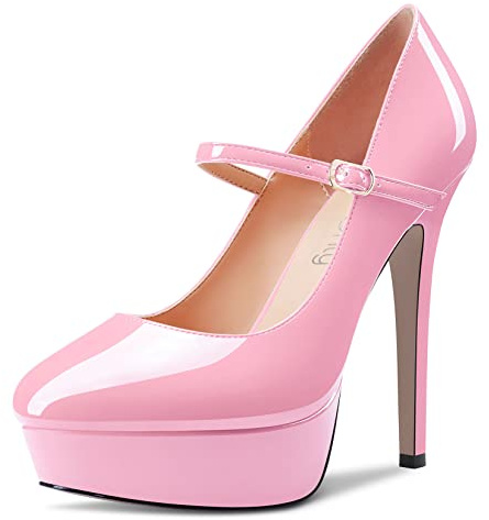 NobleOnly Femmes Aiguille Haut High Talon Heel Plate-Forme Rond Bout Escarpins Mary Jane Party Mariage Dress 13 CM Heels Rose 42 EU