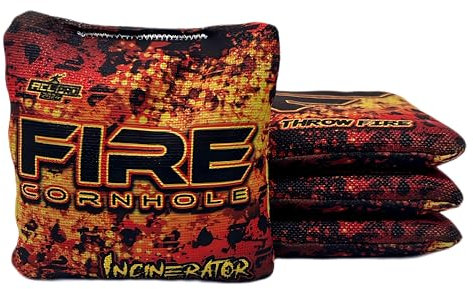 FIRE CORNHOLE | Cornhole-väskor | ACL Pro-godkända | Väderbeständig | Regleringsstorlek och vikt | Förbränningsserie | Set med 4 | Tillverkad i USA (blodorange)