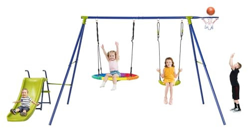 GYMAX Altalena per Bambini 4 in 1, con Scivolo, Canestro, 2 Altalene, all'Aperto per Giardino, Parco Giochi, 3-12 anni