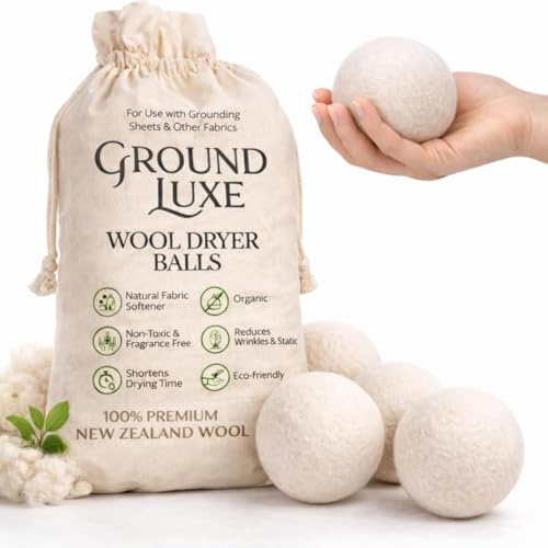 GroundLuxe Bolas secadoras de lana de Nueva Zelanda de alta calidad, 100% orgánicas, fundidas a mano, reutilizables, reducen el tiempo de secado, juego de 6 para suavizar la tela natural, arrugas y