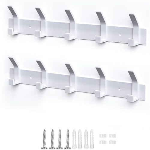 GENHH Appendiabiti da Parete,2 Pezzi Ganci Appendiabiti Attaccapanni da Muro in Metallo,Cappotto Asciugamano Gancio Rack Wall Mount Gancio per Cappelli,Giacche,Sciarpe(5 Ganci, Bianco)
