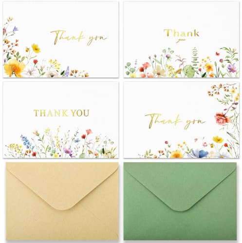 Tackkort med kuvert, 32-pack tackanteckningar, guldfolie tomma kort, bulkbrevpapper set för alla tillfällen, bröllop, affärer, baby shower, födelsedag, möhippa, 4 sortiment blommor