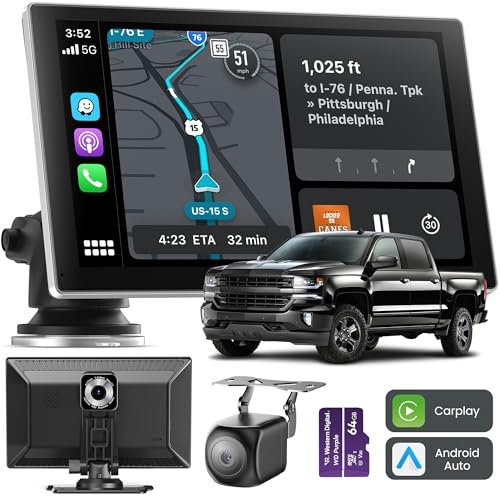 Jzones 9-Zoll CarPlay, Kabelloses CarPlay & Android Auto, GPS-Navigation, Bluetooth, 4K Frontkamera, 1080P Rückfahrkamera, Sprachsteuerung, Mirror Link, Einfach zu installierendes CarPlay Display