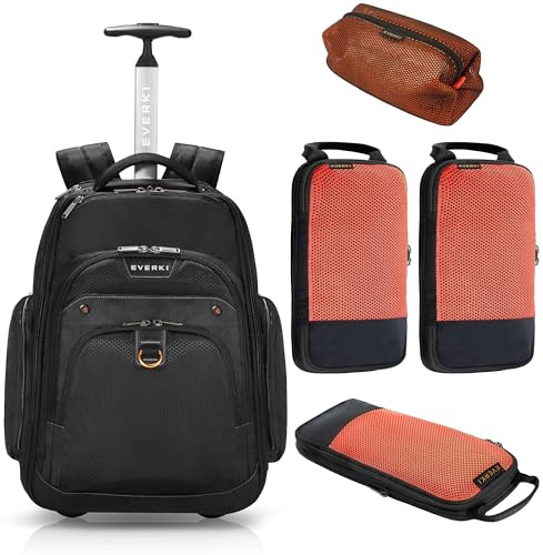 Everki Atlas Wheeled mochila con ruedas 30 L – equipaje de mano, compartimento ajustable 13–17,3 + estuche de accesorios de malla + juego de 3 cubos de compresión – Negro