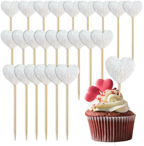 Decorazioni per Cupcake a Forma di Cuore 24 PcsToppers Cupcake cuore Glitter,Torte Toppers Cupcake Toppers glitter Cuore d'amore,Toppers Decorati Con Torta per San Valentino,Matrimoni (Argento)