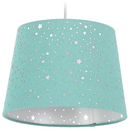 Relaxdays Kinderzimmerlampe Sterne, hängende Schirmlampe, Jungen & Mädchen, Sternenhimmel, E27, runder Stoffschirm, Mint