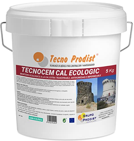 TECNOCEM CAL ECOLOGIC de Tecno Prodist - (5 Kg) Mortero a la cal ecológico, Extratranspirable, antihumedad, impermeable, para enlucidos y revocos, fácil aplicación, color Blanco