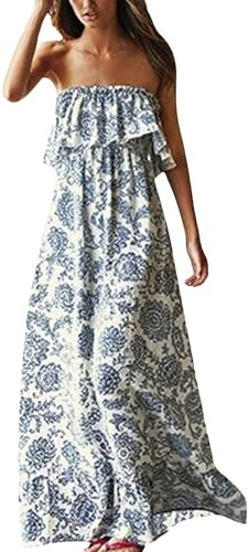 ZMPSIISA Women's Summer Off The Shoulder Maxi Dress Ruffle Strapless Blue White Porcelain Boho Casual Loose Long Dresses(A-Blue Porcelain,Medium)