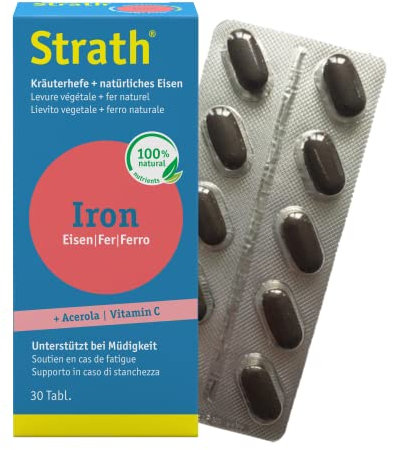 Strath Iron - Integratore con plasmolisato vegetale, ferro naturale, vitamina C da acerola - Elevata biodisponibilità, ottima tollerabilità, insapore - 30 compresse