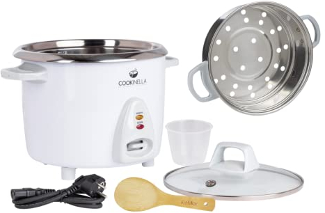 KeMar Reiskocher mit Edelstahltopf (1,4L, 500W, Weiß) Glasdeckel mit Bambuslöffel & Messbecher- elektrischer Reiskocher - Edelstahlschüssel, Warmhaltefunktion, Reiswärmer, Edelstahl, Dampfgarer