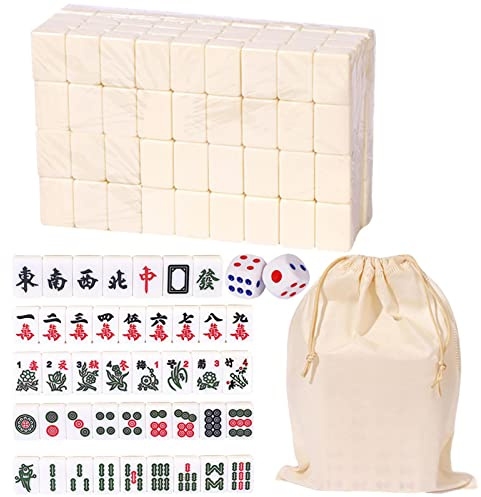 Rianpesn Chinese Mahjong Game Set | Travel Chinese Traditional Board Game with Large Drawstring Pocket,Portable Table Game with 144 Melamine Resin Mahjong Tiles for Family Leisure Time