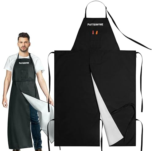 Potterhyme Full Coverage Waterproof Pottery Apron Split Leg,100% Polyester Apron For Men & Women,For Ceramic Wheel Throwing, Woodturning, Painting, Leather Carving, Black, S/L