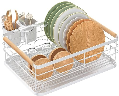 Carastek Escurridor de Platos, Escurreplatos con Soporte para Utensilios Extraíble, Multifunción Escurridor De Platos, Escurreplatos de Acero Inoxidable con Bandeja de Goteo, 43 x 31 x 14cm (Blanco)