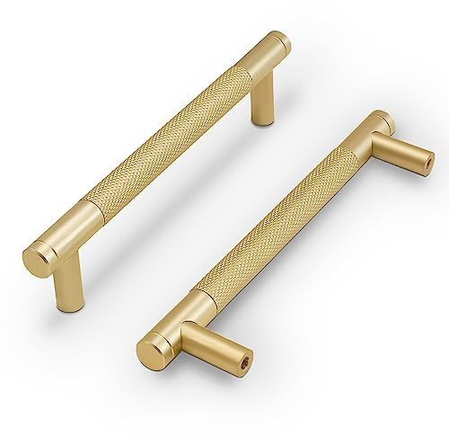 COTYKILEY 10-pack 96 mm (3,75 tum) borstad mässing skåphandtag guld räfflade köksskåp drar skåp dörrhandtag kök skåp hårdvara skåp låda drag byrålade handtag