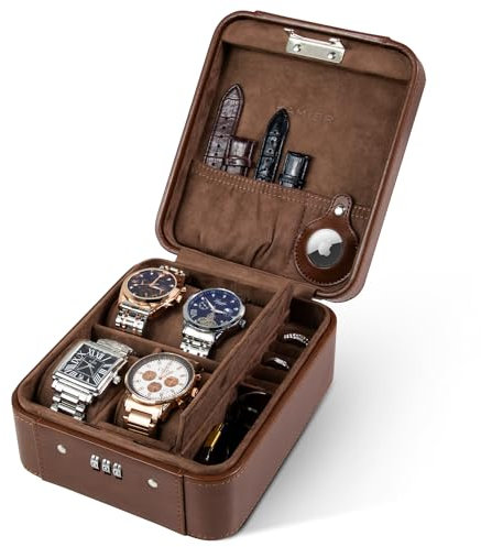 KAMIER Watch Box with Combination Lock - 4 Watch Storage and Jewelry Organizer - Luxury Watch Travel Case for Ring and Watch Storage, PU Leather Watch Cae, Ideal for Gift (With Gift Box), Brown