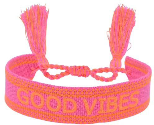 Selfmade Jewelry Stoff Armband Love Armband in Pink - Gewebtes Freundschaftsarmband, ideale kleine Geschenke für Frauen, einzigartiges Geschenk für Frauen (NEON GOOD VIBES)