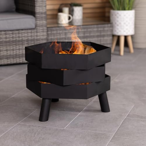 CHARLES BENTLEY Hexagonal 46cm Black Powder Coated Steel Modern Firepit, Wood And Charcoal Burner, Rust Resistant, Heat Resistant, Poker Included, Contemporary, Hexagon Design, In Black (46x46x35.5cm)