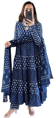 Sambhav Quilt Hub Pantalón Kurta de algodón índigo con estampado a mano para mujer con Dupatta