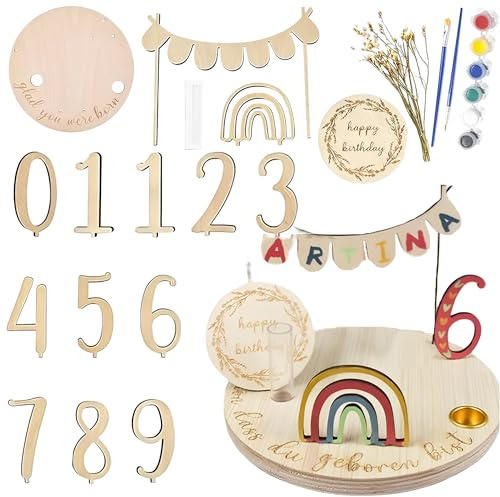 CHSG 20pcs Assiette d'anniversaire en Bois, Artisanat Artisanal, Assiette d'anniversaire en bois Personnalisée, Couronne en bois avec porte-bougie, Chiffres, Décoration d'anniversaire Assiette