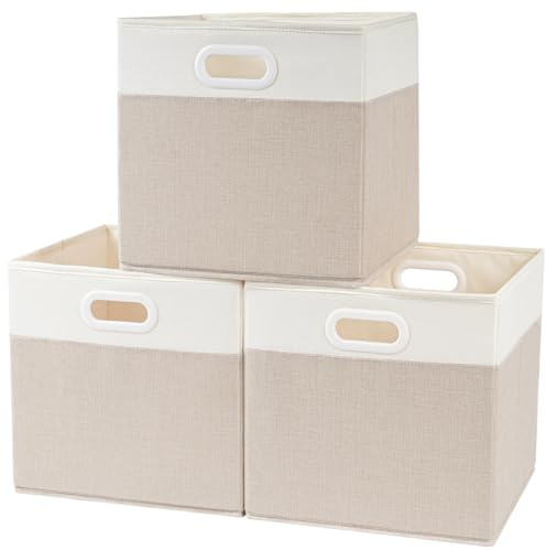 SOCOHOME Kallax-lådor, 33 x 33 x 33 cm, vikbara Fabirc-kubförvaringslådor för kläder, hylla, barnkammare, garderob, leksaker (ljusbeige/vit, set med 3)