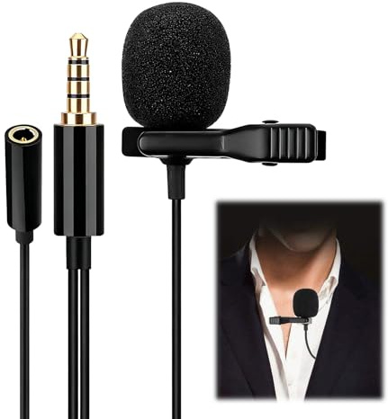 GEU Microphone Lavalier Condensateur Omnidirectionnel Micro Cravate 3.5mm Audio Jack Micro avec Clip et Pare-Brise Plug and Play pour L'Interview Vidéo Podcast, 150mm Cable