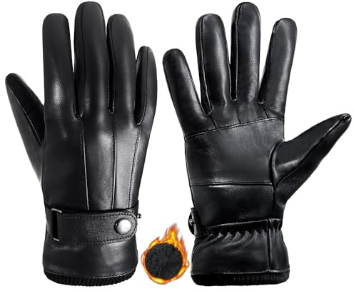 HANDLANDY Genuine Sheepskin Leather Gloves for Men Winter Driving Warm Thermal Wrist Gloves with Wool Fleece Lining for Cold Weather Work & Ski (Black, Large)