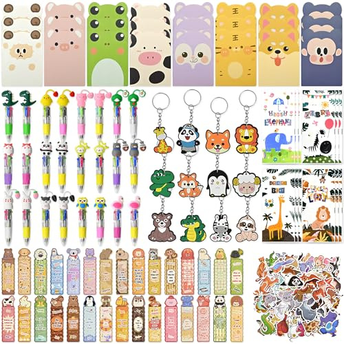 326 PCS Cartoon Animal Stationery Party Favors, 24 Pack Classroom Goodie Bags with Mini Notebooks, 4-Color Pens, Stickers, Bookmarks & Keychains for Kids Birthday, School & Valentine Gifts