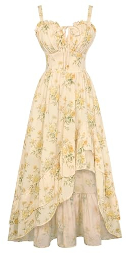 SCARLET DARKNESS Vestido victoriano de flores con tirantes delgados, vestido de verano alto y bajo con volantes