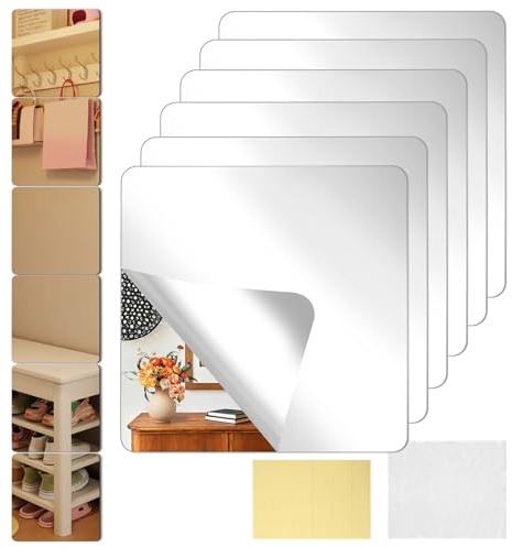 Lot de 6 carreaux de miroir autocollants en acrylique - 20 x 20 cm | Miroir à coller/coller, miroir autocollant, film miroir autocollant pour armoire, salle de bain, salon, porte + chiffon