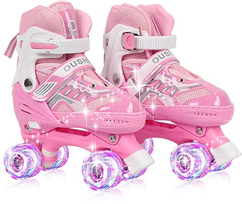 Isskridskor, klassiska rullskridskor, 4 i 1, flicka/pojke, Quad Rollers barn justerbar storlek, för nybörjare barn present med LED-upplysta hjul, S-storlekar: 27–31 (rosa) (PU) (PU)