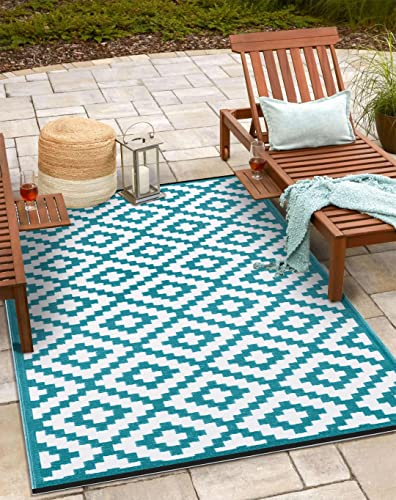 Green Decore Lightweight Outdoor Reversible Plastic Nirvana Rug (90 x 150 cm, Teal Blue/White)