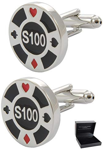 Gemelos Camisa Hombre Novedosos - Con Caja - Gemelos para Camisas - Ficha de Casino - Latón - Color Plata, Negro y Rojo - Redonda Póker Juego Apuesta - Un Par