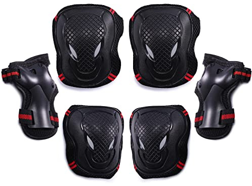Selighting Protective Gear Set - 6 in 1 Adults Teens Kids Knee Elbow Pads Wrist Guards for Skateboarding Riding Cycling Scooter Rollerblading Roller Skating (M, Black+Red)